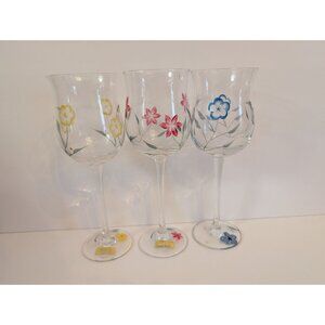 Lenox Tulip Floral Spirit  Floral Wine Glass Set Of 3 Yellow Pink Blue Flowers